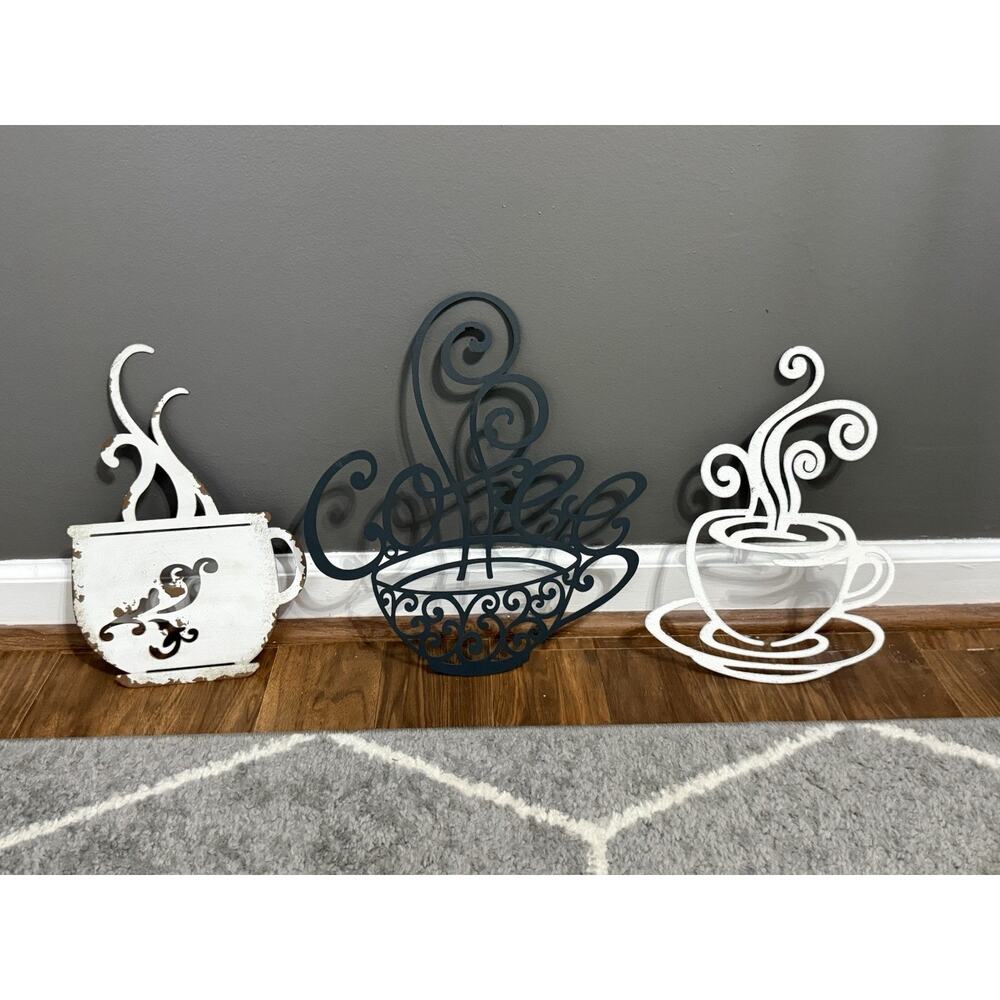 Set of 3 Farmhouse Distressed Metal Coffee Cup Wall Hanging Decor White Black